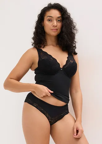 Top soutien-gorge sculptant à coques et dentelle, maintien modéré, Couleur: noir
