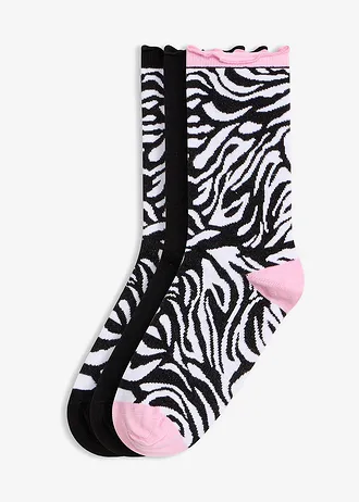 Ponožky s volánikmi, bio bavlna (3 ks) • čierna + cyklámenová kvetovaná zebra + čierna zebra • obchod bonprix
