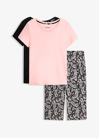 Capri pyjamabroek met 2 shirts (3-dlg. set), Kleur: zwart-soft roze paisley