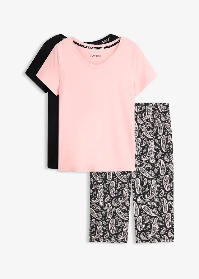 Capri pyjamabroek met 2 shirts (3-dlg. set) • zwart-soft roze paisley • bonprix online shop