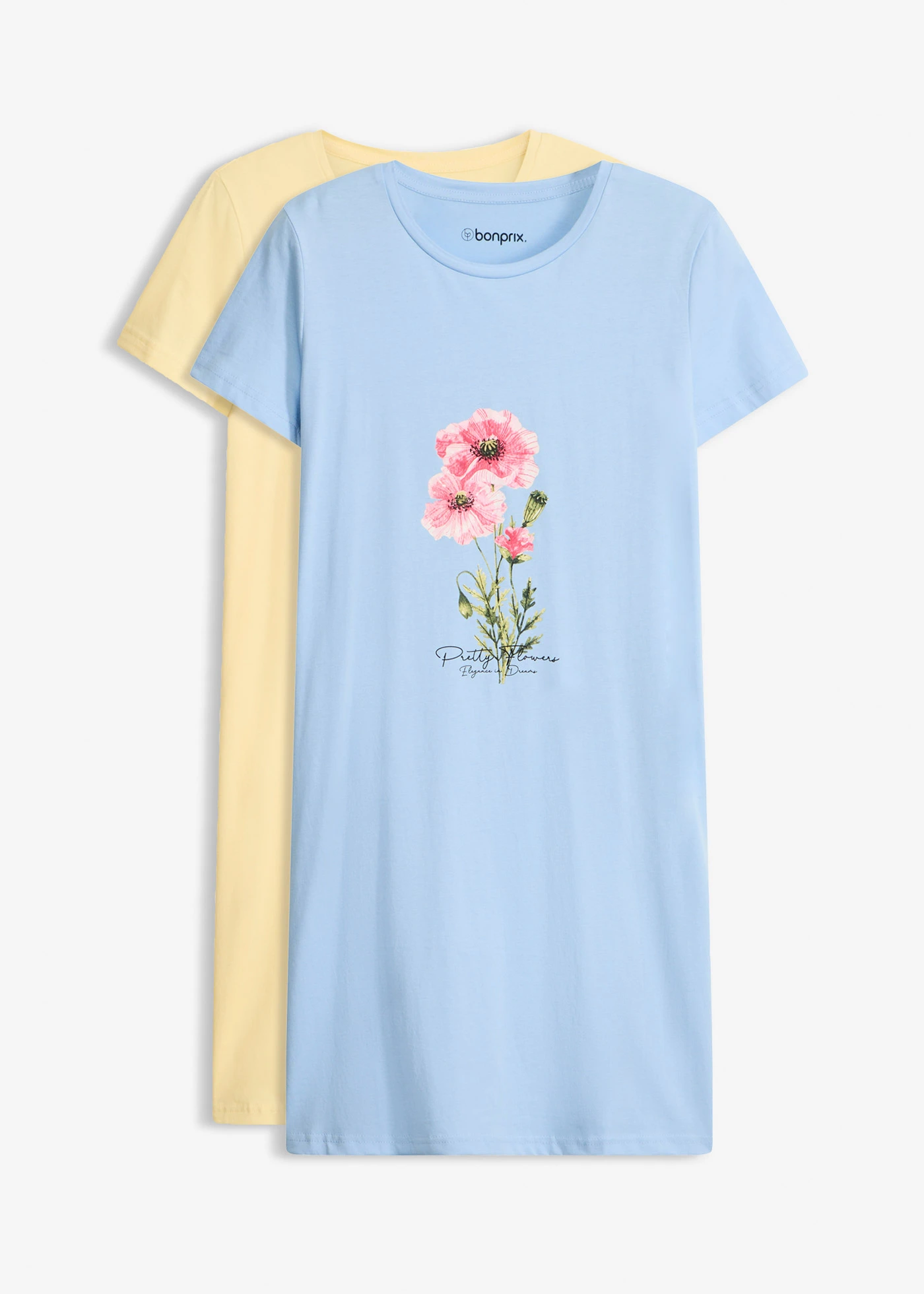 Lot de 2 chemises de nuit courtes 100% coton • bleu clair-jaune clair floral • Boutique bonprix