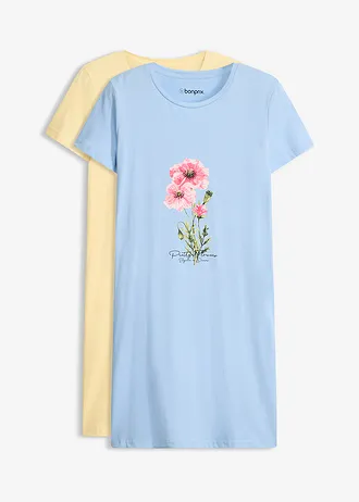 Lot de 2 chemises de nuit courtes 100% coton • bleu clair-jaune clair floral • Boutique bonprix