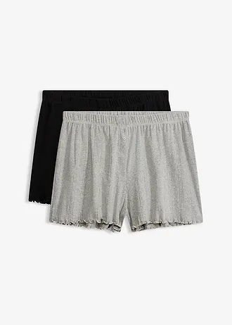 Lot de 2 shorts de pyjama en jersey pointelle, Couleur: noir+gris clair chiné