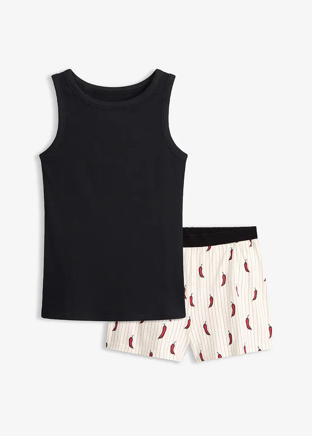Pyjashort avec top côtelé, Couleur: noir imprimé