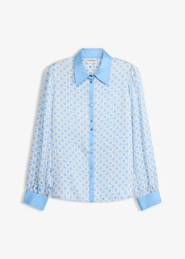 Satijnen blouse, Kleur: middenblauw/natuurbeige grafische print