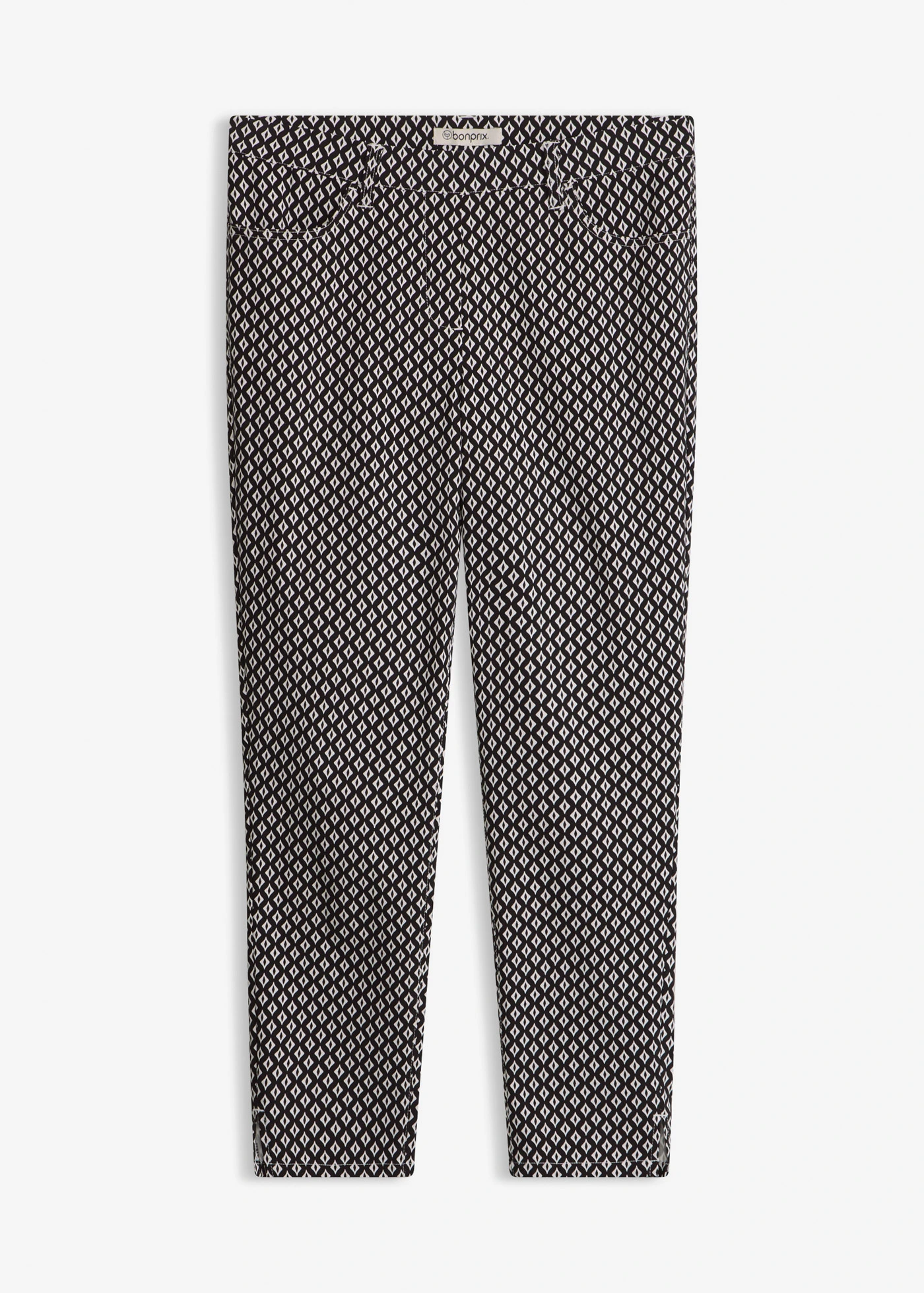 Pantaloni 7/8 din bengalină cu stretch • negru-ecru, cu imprimeu grafic • magazin bonprix