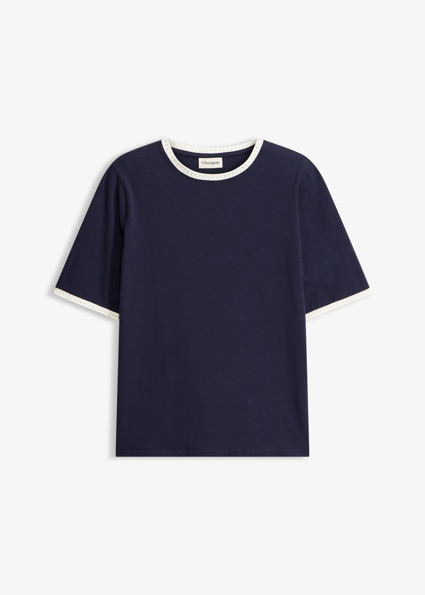 T-shirt à liserés en dentelle • bleu foncé-écru • Boutique bonprix