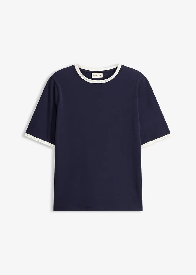 T-shirt à liserés en dentelle • bleu foncé-écru • Boutique bonprix