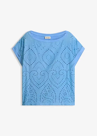 T-shirt à broderies anglaises, Couleur: bleu moyen