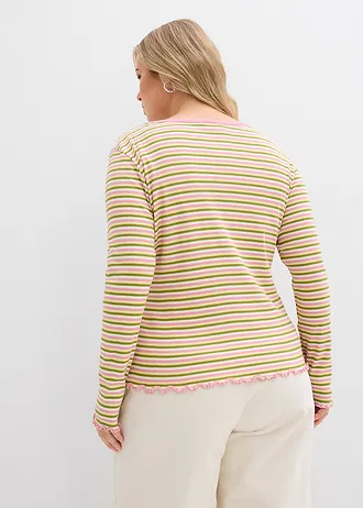 Geribd shirt met strepen van biologisch katoen, Kleur: wolwit-mosgroen-lichtgeel-rookorchidee gestreept