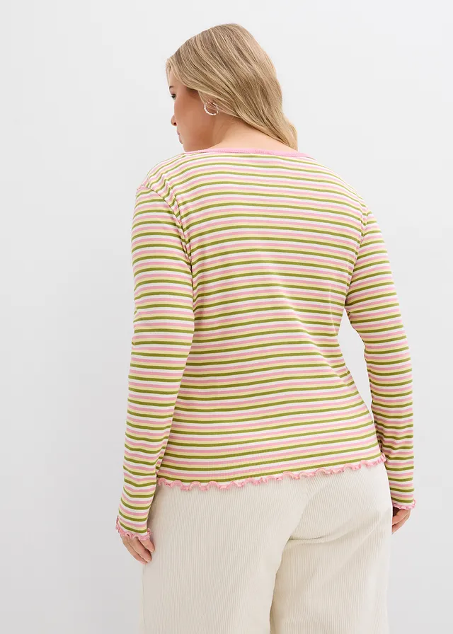 Geribd shirt van biologisch katoen, Kleur: wolwit-mosgroen-lichtgeel-rookorchidee gestreept