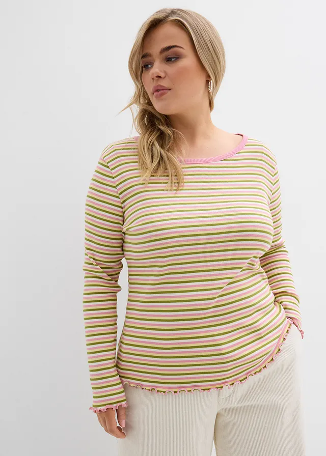 Geribd shirt van biologisch katoen, Kleur: wolwit-mosgroen-lichtgeel-rookorchidee gestreept