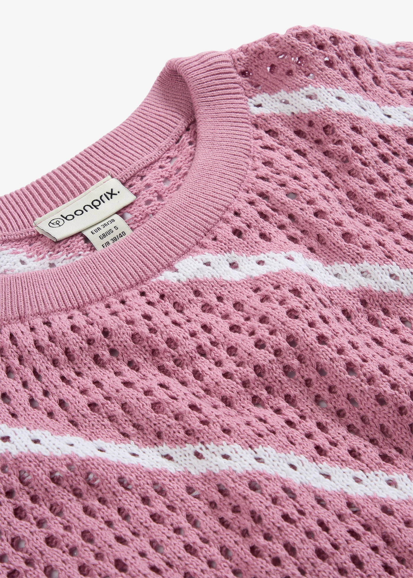 Sweter ażurowy z czystej bawełny • róż malwowy-biały w paski • sklep bonprix