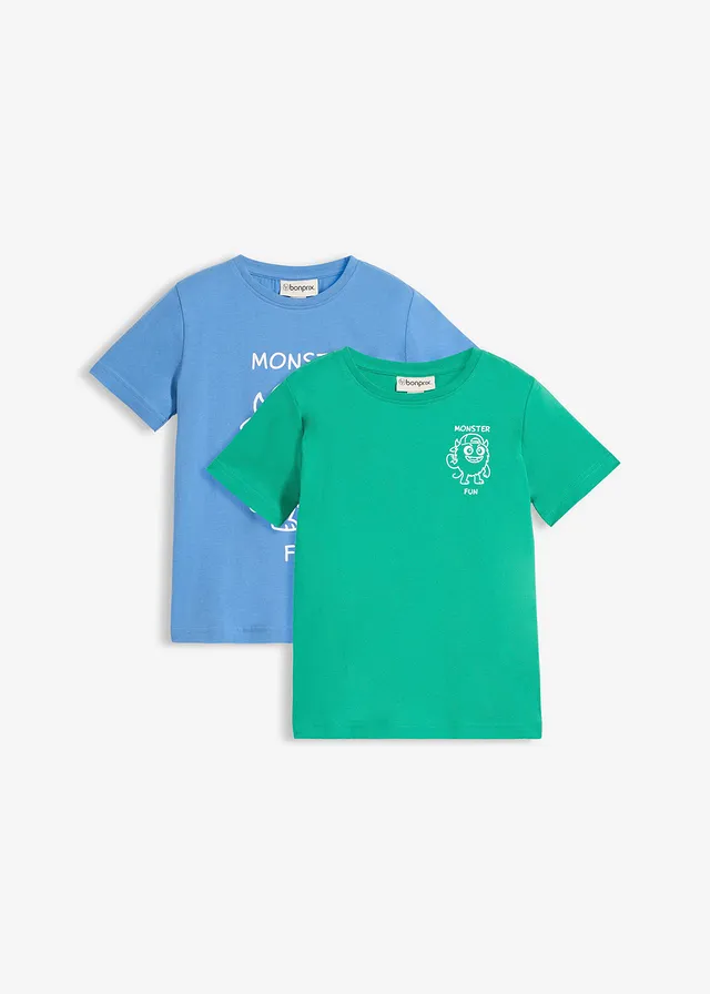 T-shirt z czystej bawełny organicznej (2 szt.) • niebieski+szmaragdowo-zielony z nadrukiem • sklep bonprix