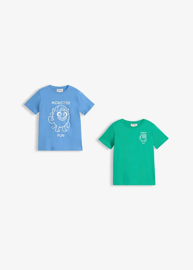 Lot de 2 T-shirts 100% coton, Couleur: bleu cristal + vert jade imprimé