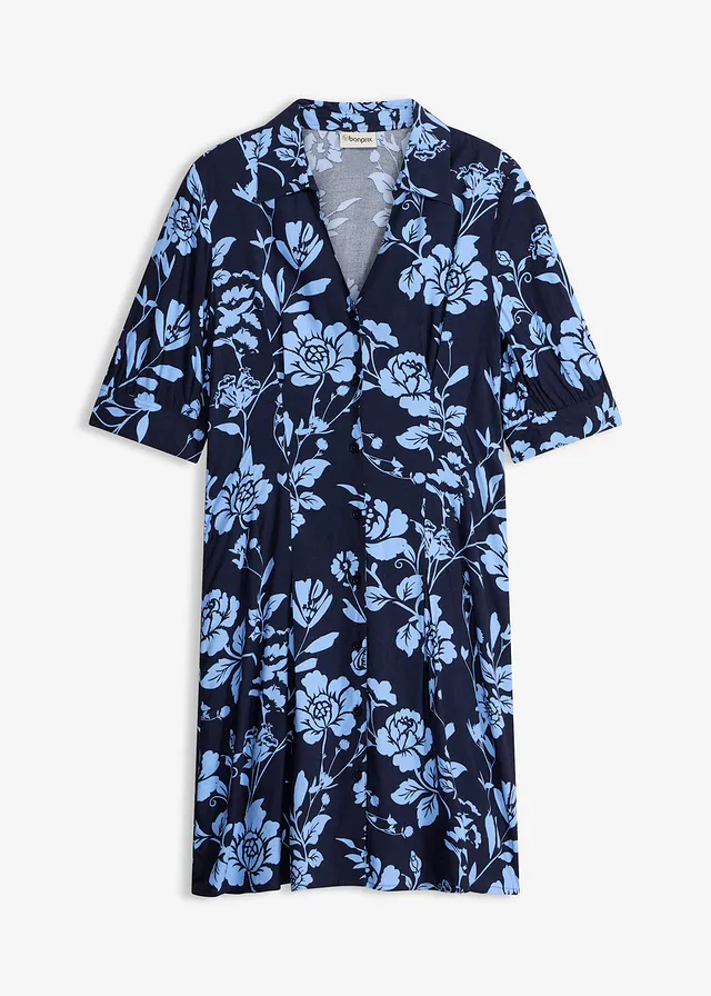 Robe-chemise en viscose fluide, Couleur: bleu foncé-bleu moyen floral