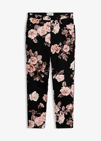Pantalon 7/8 en coton extensible, Couleur: noir/rose clair floral