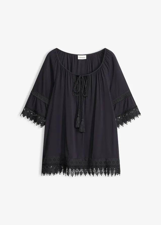 Tuniek met kant van zachte viscose, Kleur: zwart
