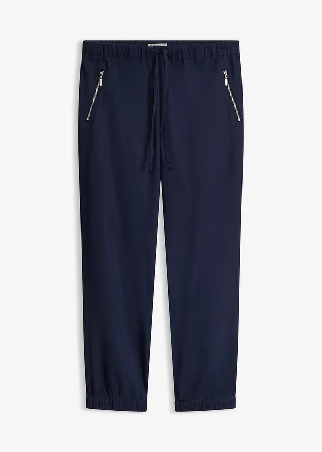 Pantalon 7/8 léger en lin et coton, Couleur: bleu foncé