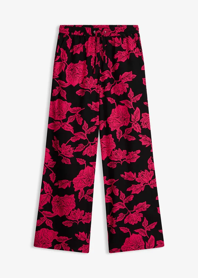 Palazzo broek van soepele viscose, Kleur: zwart/magentapink  gebloemd