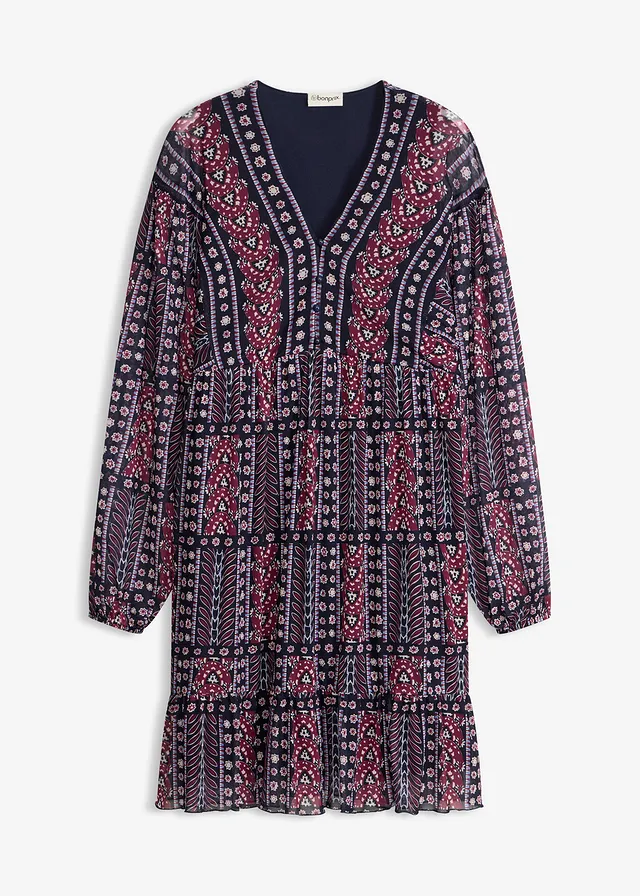 Tuniekjurk van zachte mesh, Kleur: donkerblauw-bordeaux gedessineerd