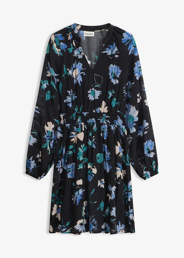 Jurk met print, Kleur: zwart gebloemd