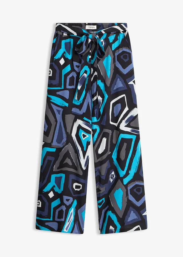 Pantaloni culotte din viscoză fluidă • negru-albastru, cu imprimeu grafic • magazin bonprix
