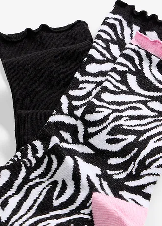 Zokni bio-pamuttal (3 pár) • fekete+virágpink/zebramintás+fekete/zebramintás • bonprix áruház