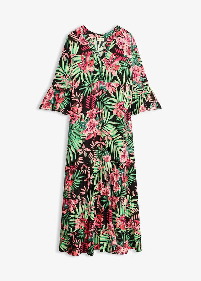 Robe longue en viscose fluide, Couleur: noir/vert floral