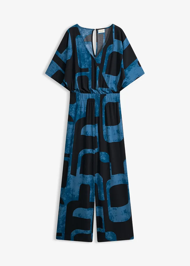 Jersey jumpsuit • zwart/blauwpetrol gedessineerd • bonprix online shop