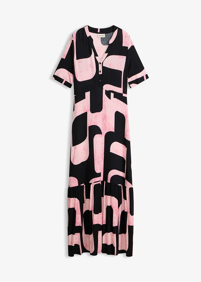 Robe longue en viscose extensible douce, Couleur: noir/rose vif graphique