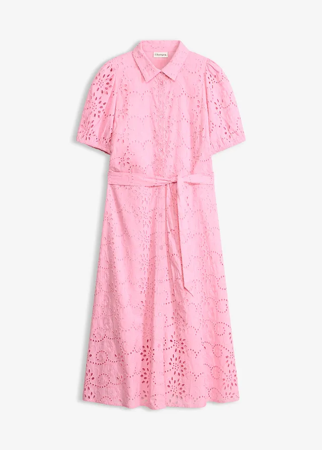 Robe chemise en broderie anglaise, 100% coton • rose • Boutique bonprix