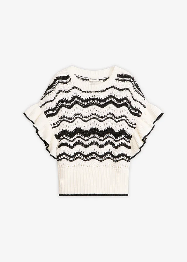 Gebreid shirt, Kleur: wolwit-zwart