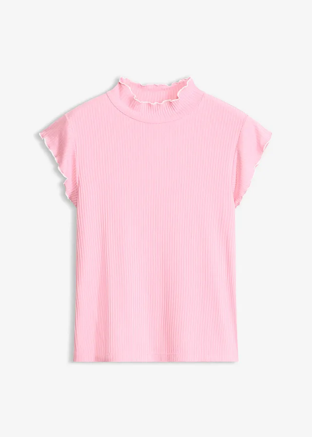 T-shirt côtelé en viscose extensible, Couleur: rose/écru