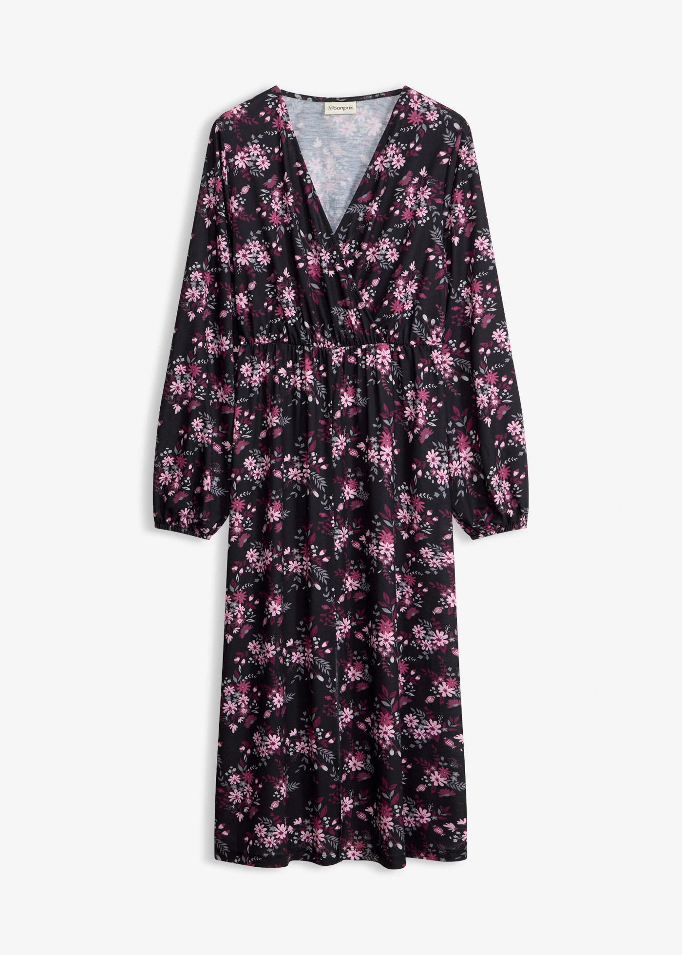 Rochie din jerse cu mâneci balon • negru cu flori • magazin bonprix