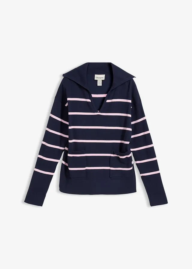 Fijn gebreide polotrui, Kleur: donkerblauw-kristalroze gestreept