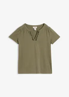 Shirt met decoratieve halslijn, Kleur: olijfgroen