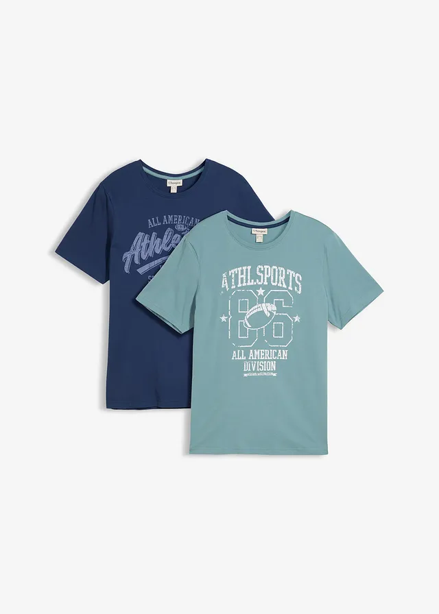 T-shirt (set van 2) in regular fit • mineraalblauw+diepblauw met print • bonprix online shop