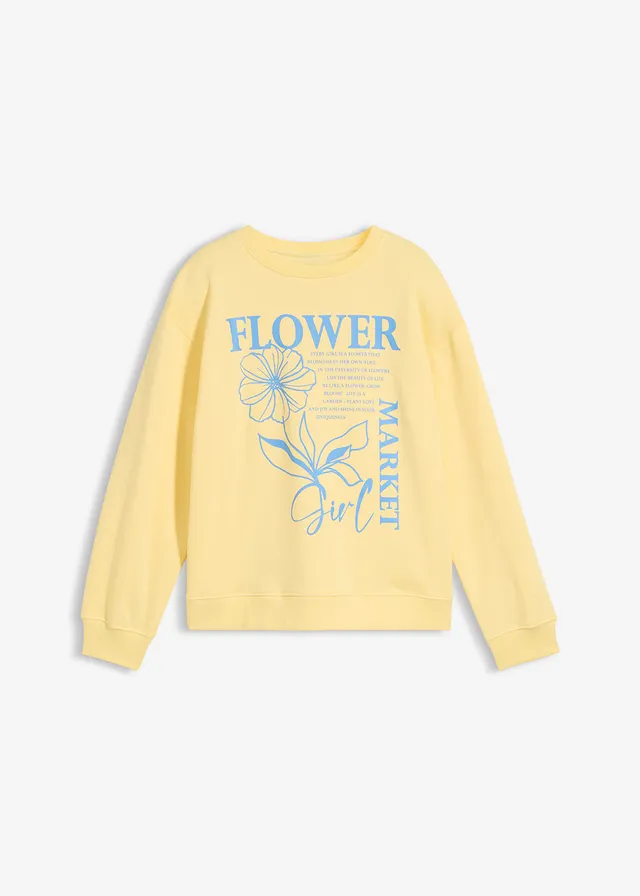 Sweater van biologisch katoen • lichtgeel-middenblauw met print • bonprix online shop