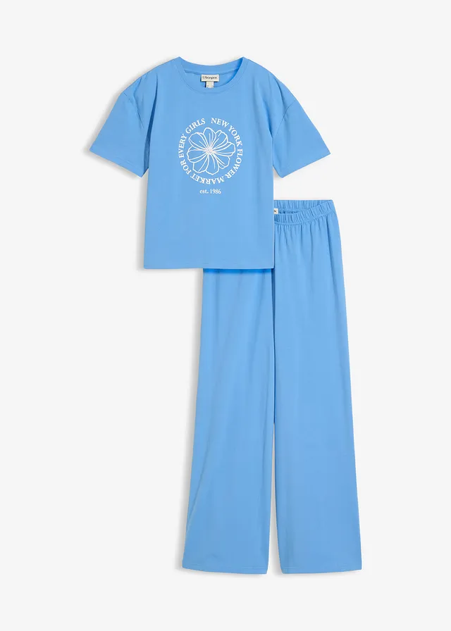 T-shirt en jersey broek (2-dlg. set) van een elastische katoenmix, Kleur: middenblauw