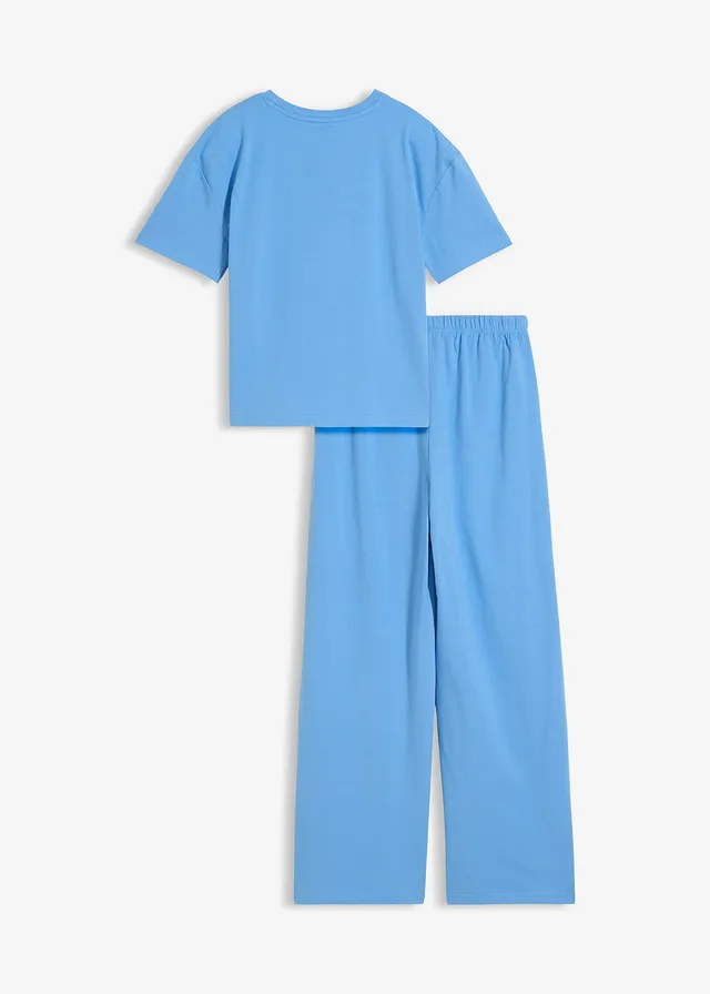 T-shirt en jersey broek (2-dlg. set) van een elastische katoenmix, Kleur: middenblauw