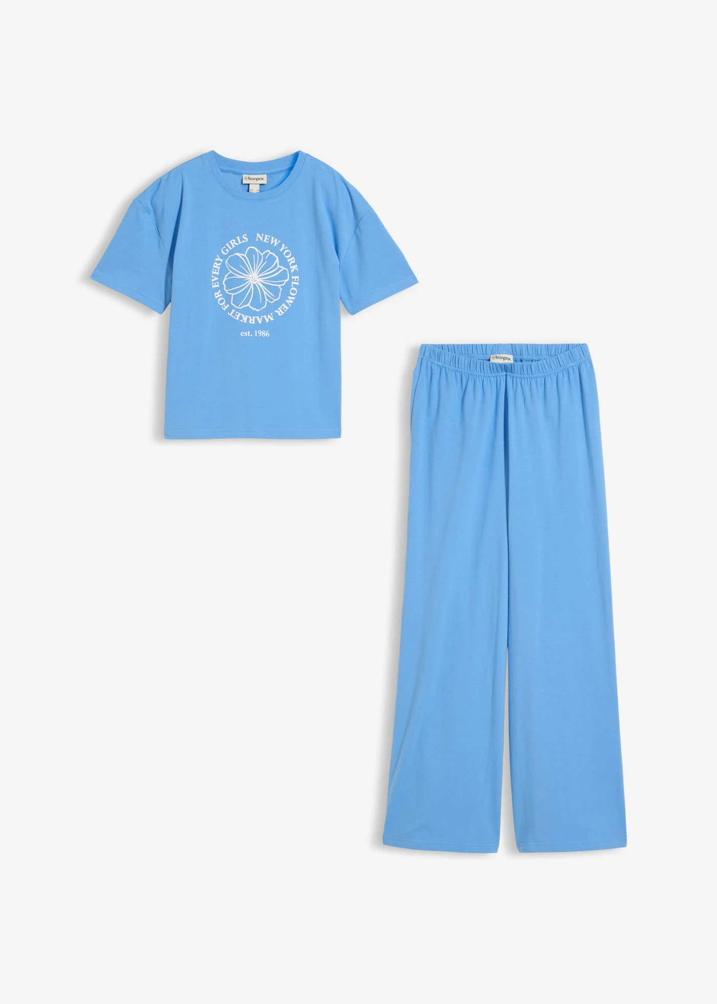 T-shirt en jersey broek (2-dlg. set) van een elastische katoenmix • middenblauw • bonprix online shop