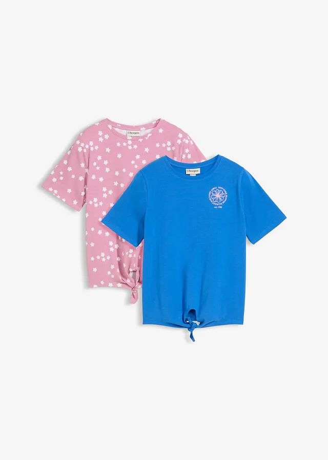 T-shirt in een elastische, biologische katoenmix (set van 2), Kleur: middenblauw-mauve met print+mauce-wit gebloemd