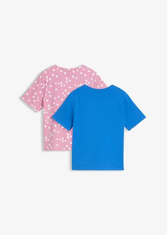 T-shirt in een elastische, biologische katoenmix (set van 2), Kleur: middenblauw-mauve met print+mauce-wit gebloemd
