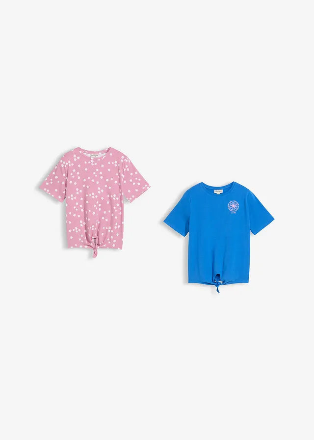 T-shirt in een elastische, biologische katoenmix (set van 2), Kleur: middenblauw-mauve met print+mauce-wit gebloemd