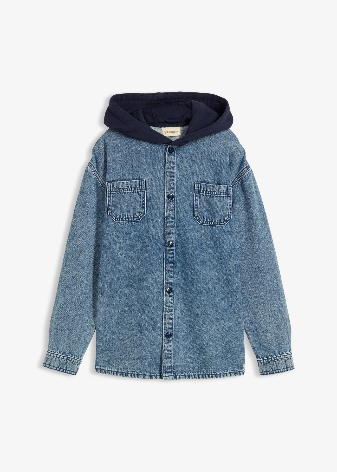 Farmerdzseki tiszta pamutból és kapucnival • kék denim, használt hatású • bonprix áruház