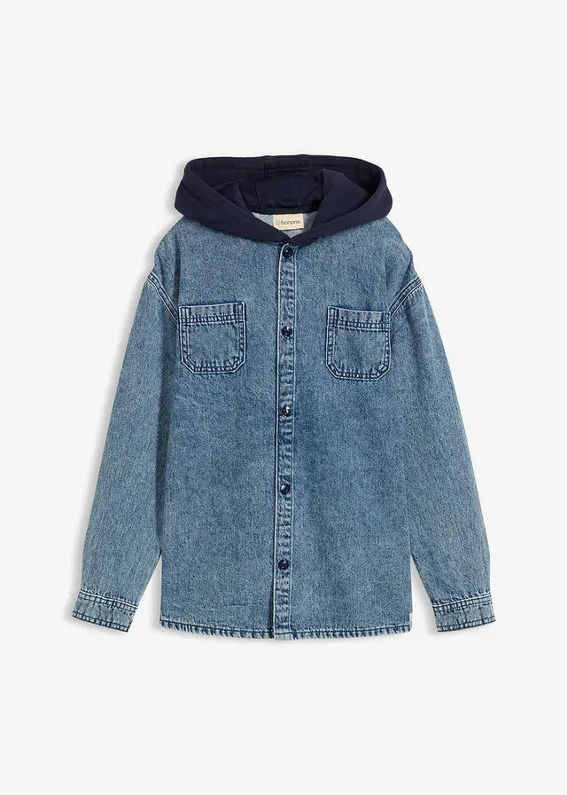Farmerdzseki tiszta pamutból és kapucnival • kék denim, használt hatású • bonprix áruház