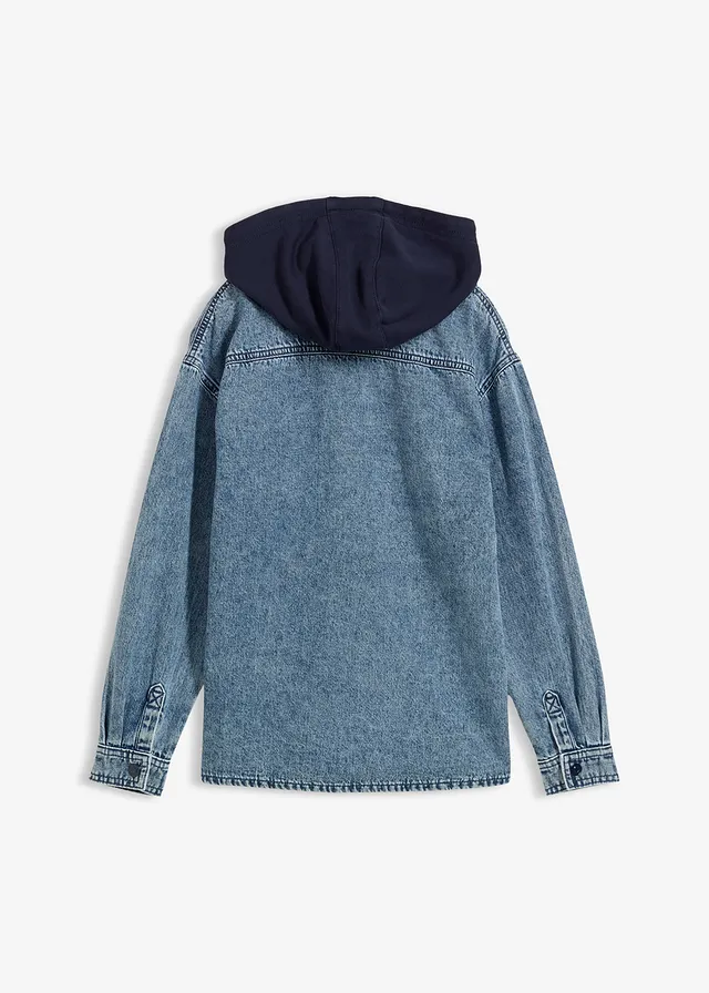 Jeansjack van puur katoen met capuchon, Kleur: blauw denim used