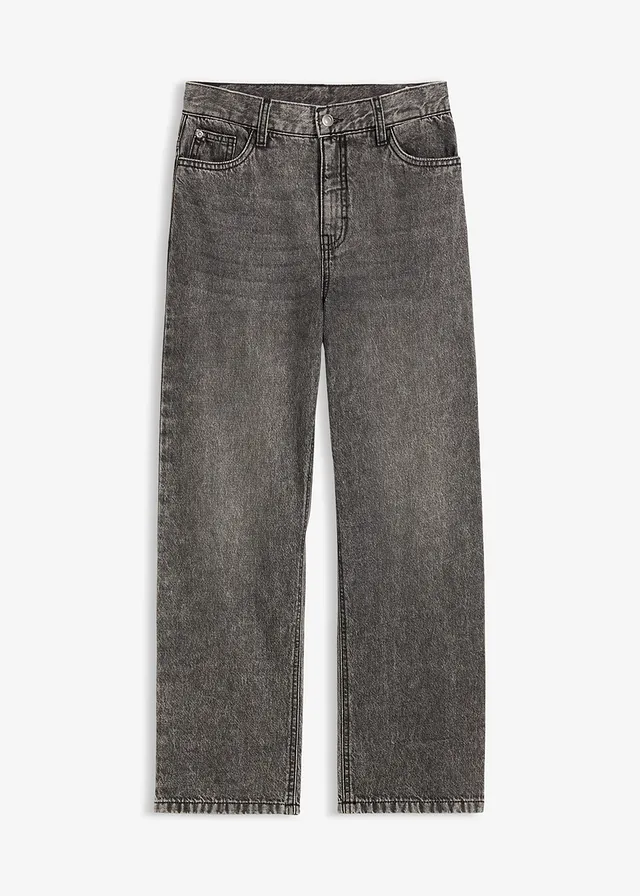 Jean loose, taille réglable, droit, Couleur: noir denim used