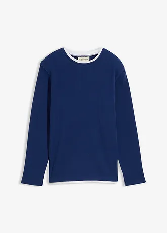 T-shirt manches longues 2 en 1 en coton aspect gaufré • bleu nuit • Boutique bonprix